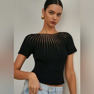 Commense Black Ribbed Short Sleeve Cutout Crop Top